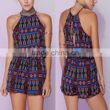 Newest clubwear spaghetti strap geomtrical print woman sexy short jumpsuits