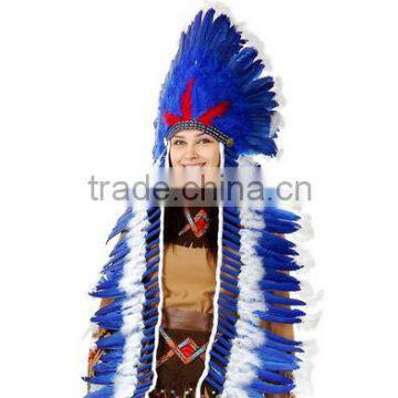 Blue & White Indian Headdress with Trailer