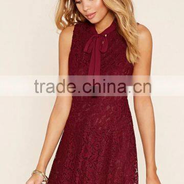 2016 Latest design Summer Burgundy one piece dress pattern Lace dress with Neck Tie