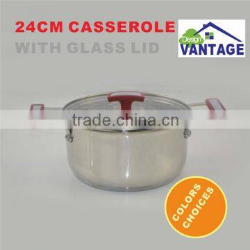 24cm Stainless Steel Hot Pot Casserole With Double Ear With Glass Lid Red Silicon Handle