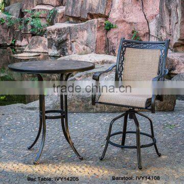 outdoor metal furniture cast aluminum round bar table and barstools set ceramic tabletop with parasol hole swivel sling barstool