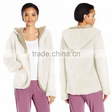 sherpa fabric reversible cardigan Jackets 100% Polyester Women's Pockets Hooded open front plush Sherpa Cardigan