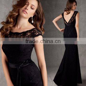 best long black lace sleeveless open back evening dress