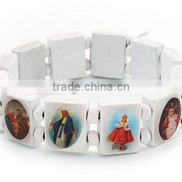 Stretch White Wooden Saints Bracelet Jesus Bracelet