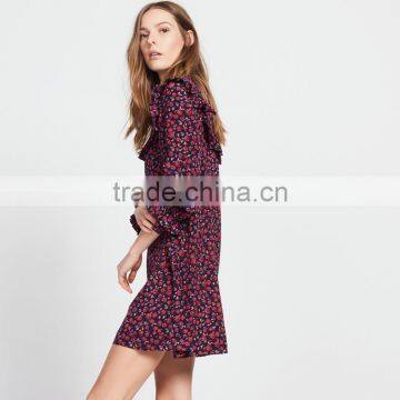 Ruffled at Neck and Cuff, Ladies Round Neck and Long Sleeve Dress photo-4