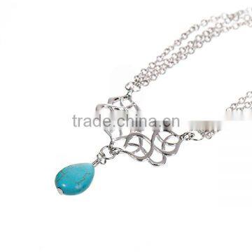 New Fashion Link Cable Chain Silver Tone Hollow Pattern Carved Connector With Turquoise Drop Pendant Body Arm Chain Necklace photo-2