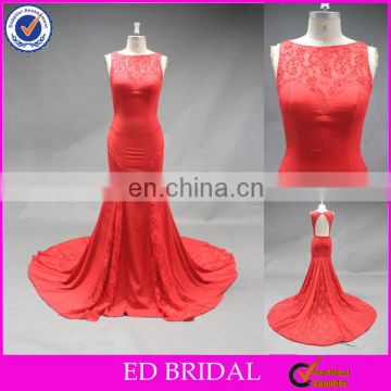 LN136 Latest Lace Mermaid Red Chapel Train Real Sample Sexy Back Open Evening Dress