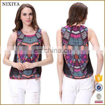 Sleeveless Women Chiffon Digital Printing Blouse Designs Latest