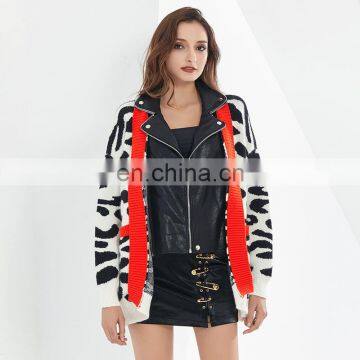 TWOTWINSTYLE Korean Patchwork PU Leather Women's Sweater Lapel Collar Long Sleeve Oversize photo-4