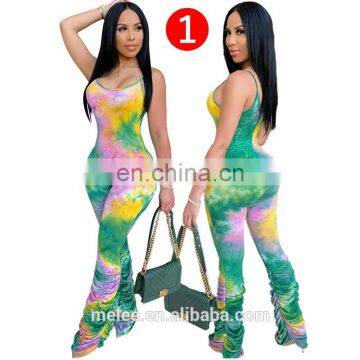 Women Sleeveless Tie Dye Print Skinny Spaghetti Strap Bodycon Long Stacked Bell Bottom Flare Jumpsuit Romper One Piece Outfit photo-2