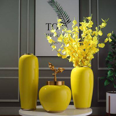 Modern Simple Fashion Art Yellow Ceramic Dry Flower Vase For Home Decor photo-2