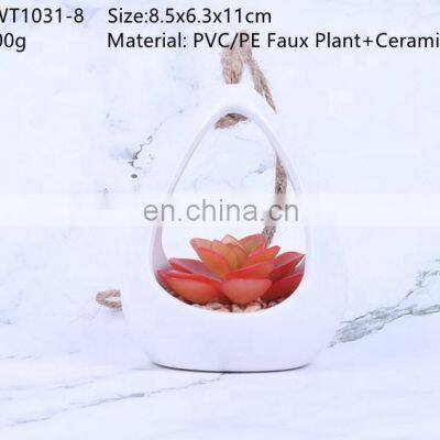 Wholesale White Ceramic Hanging Planters Flower Pot Faux Succulent Plant Pot Artificial Plant Wall Hanging Pot With Hemp Rope