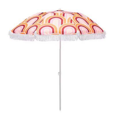 Eco-Friendly 7FT Wooden Pole Beach Umbrella Portable UPF50+ Fringe Canopy Wholesale Patio Umbrella