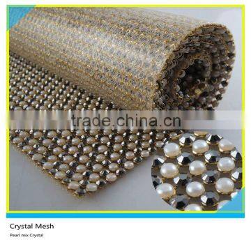 Hotfix Pearl Mix Black Rhinestone Mesh Gold Base 44*120cm Aluminum Mesh