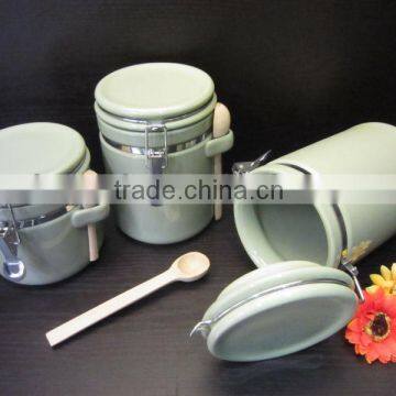 3 Pieces Green Ceramic Canister Set, Glaze Ceramic Canister