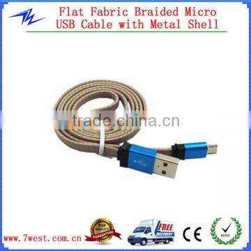 Hot Selling Colorful Flat Fabric Braided Micro USB Cable Metal Shell USB Cable for Smartphone