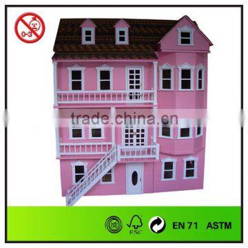 pink 3D design wooden doll house with basement