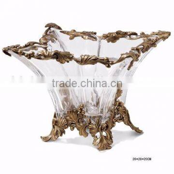 Ornamental Crystal Compote With Wave Edge, Unique Crystal Fruit Bowl Inlaid Bronze Casting Conch & Flower Vine Edge photo-5