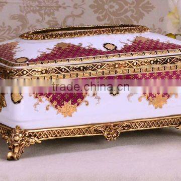 Luxury red color ceramic brass carving decorative tissue box