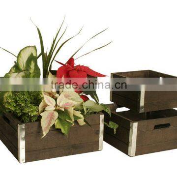 Set of 3 Wood Crates Square With Stylish Galvanized Metal Trim photo-2