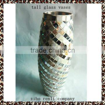 Square Tile Mirrored Stone Mosaic Elegant Drum Shape WeddingTall Glass Vases Big