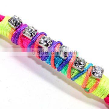 Clear Crystal Chain on Woven Leather Friendship Bracelet Rhinestone Chain Hand Woven in Silk Cord Boho Chic Trendy Bracelet