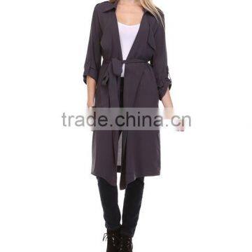 Fashion Modern Apparel Women Trendy Turkey 3/4 Sleeve Plain Spring Winter Coat Charcoal Sheer Trench Long Coat photo-2