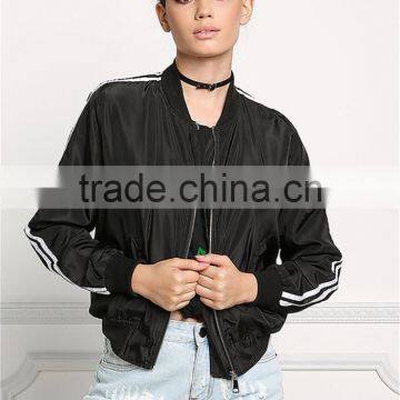 MGOO New Arrival Black 100% Polyester Bomber Jackets Black Crop Long Sleeves Tops Coat Sports Women Jackets photo-5