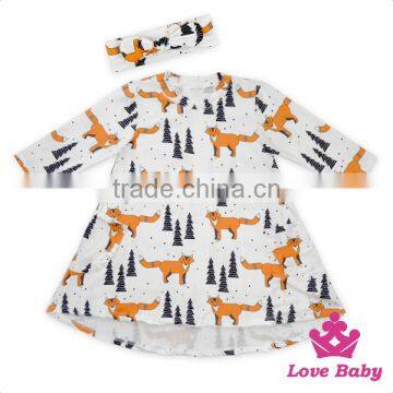 Lovebaby printed fox latest children dress designs with same fabric bow headband frock suit