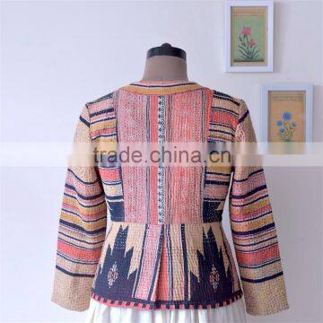 Hand Crafted Kantha Jacket in Beautiful Vintage Color Print ~ Large photo-3