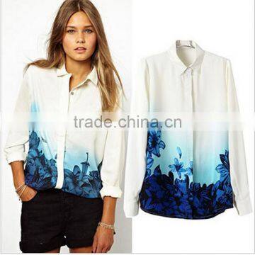 S-L New Women Print Chiffon Blouse Hot Sale Gradient Blue Flower Printed Shirt Korean Version Turn Down Collar Blouse