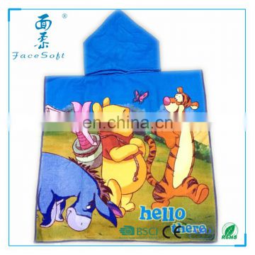 Customized microfiber beach towel with hood and cute bear printed poncho baby bath towel