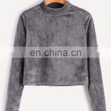 High Quality Grey Corduroy High Neck Crop T-shirt Fashion Design Women Long Sleeve Top