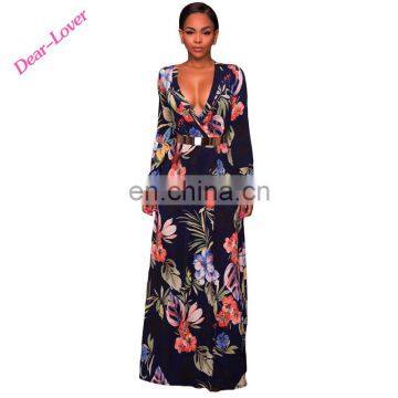 Sexy New Autumn Navy Floral Print V-Neck Faux Wrap Long Boho Dresses