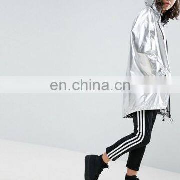 Wholesale classic outside women nylon custom plain sliver metallic long jacket