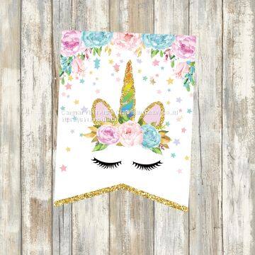 BA099 Unicorn Theme Party DIY Garland Flags Glitter Happy Birthday Letter Unicorn Party Banner photo-2