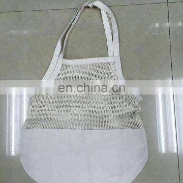 Reusable cotton net string shopping bag with canvas bottom and customized label