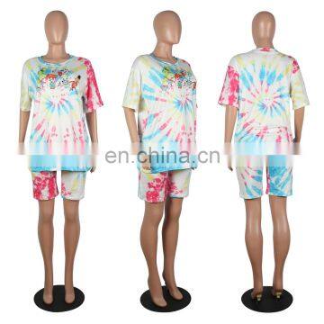 Wholesale Women Tie Dye and Printing 2 Two Piece Bodycon Outfit T Shirt and Short Sets photo-5