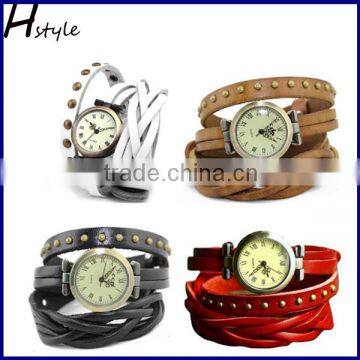 Fashion Rivet Weave Wrap Around Leather Retro Quartz Bracelet Woman Wrist Watch Red WP004
