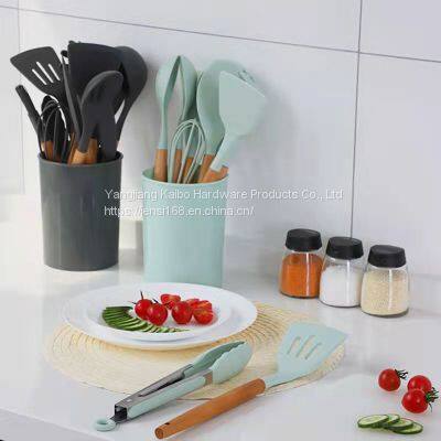 Non stick spatula set contains 12 pieces of bucket creative food grade hengshao tools, wooden handle silicone kitchenware