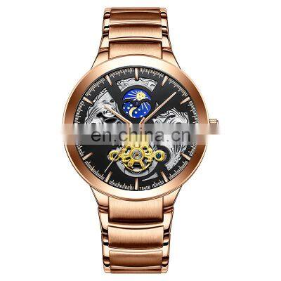 TEVISE t845b Man Newest Hollow Design Automatic Mechanical Watches Sun Moon Phase Business Stainless Steel  Wristwatch