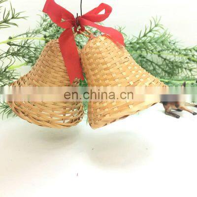 Mini Decor Two Wicker Bell Ornaments With Jingle Bells Clappers and Red Ribbon Bow Tie