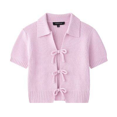 Bow-decorated knitted top 2025 design sense slim short-sleeved T-shirt summer fashion versatile