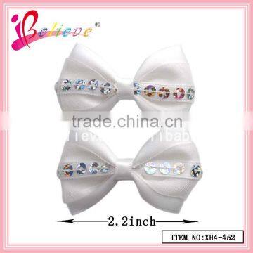 Hot selling in Europe countries sequin hair bow,fashion hair clip accessories white ribbon bow