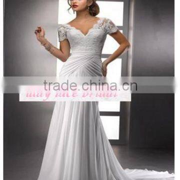 2015 Custom Made Chiffon Short Sleeve Pleat Applique Lace Wedding Dress Bride Gown