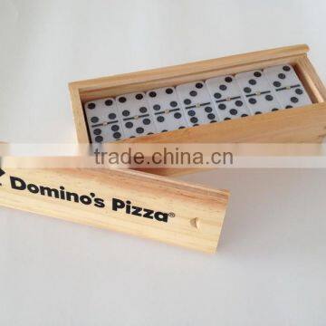 Domino blocks game set in wooden box