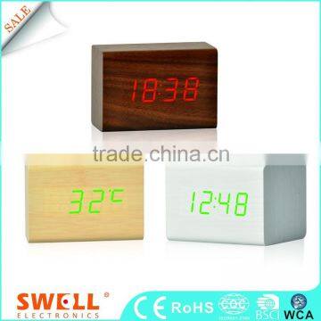 Cube small wood alarm clock , small led mdf digital clock with sound controlled