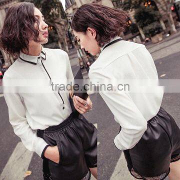 Women's Fashionable Shirt Long Sleeve Chiffon Blouse with Trimming OEM ODM Type Clothing Factory Manufacturer From Guangzhou