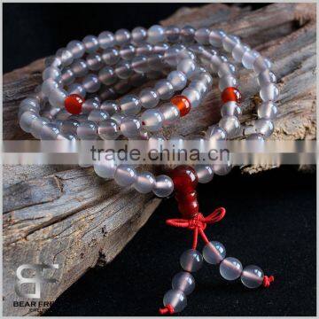 Natural Grey Agate Crystal Quartz Gemstone Beads Buddhist Prayer Mala Chinese Knot Necklace Bracelet