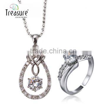 Wedding jewelry zircon round pendant copper chain necklace and elegant ring jewellry set for wedding